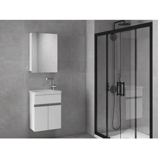 Alfa Banyo Miniço-Beyaz Ebeveyn 45 cm x 28 cm Ayna Dolaplı Lüx Lavabolu Banyo Dolabı- 1. Sınıf Mdf-Beyaz