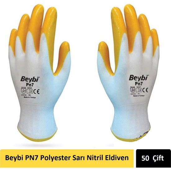 Beybi Pn7 Montajcı Polyester Sarı Nitril Eldiveni 50 Çift No:10