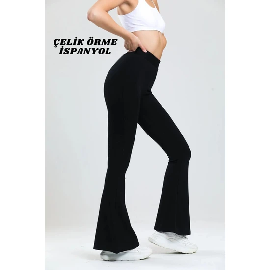 Dream Vogue Kadın Siyah Ispanyol Paça Çelik Örme Pantolon Yüksek Bel Lastikli Likralı Toparlayıcı Tayt