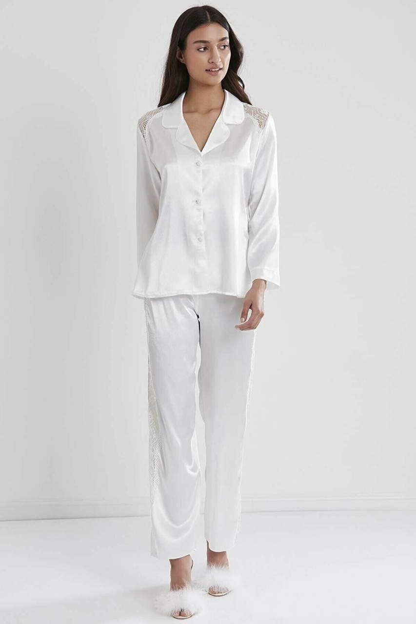 Pierre Cardin Saten Dantelli Pijama Takımı 1438 - Ekru görsel 7