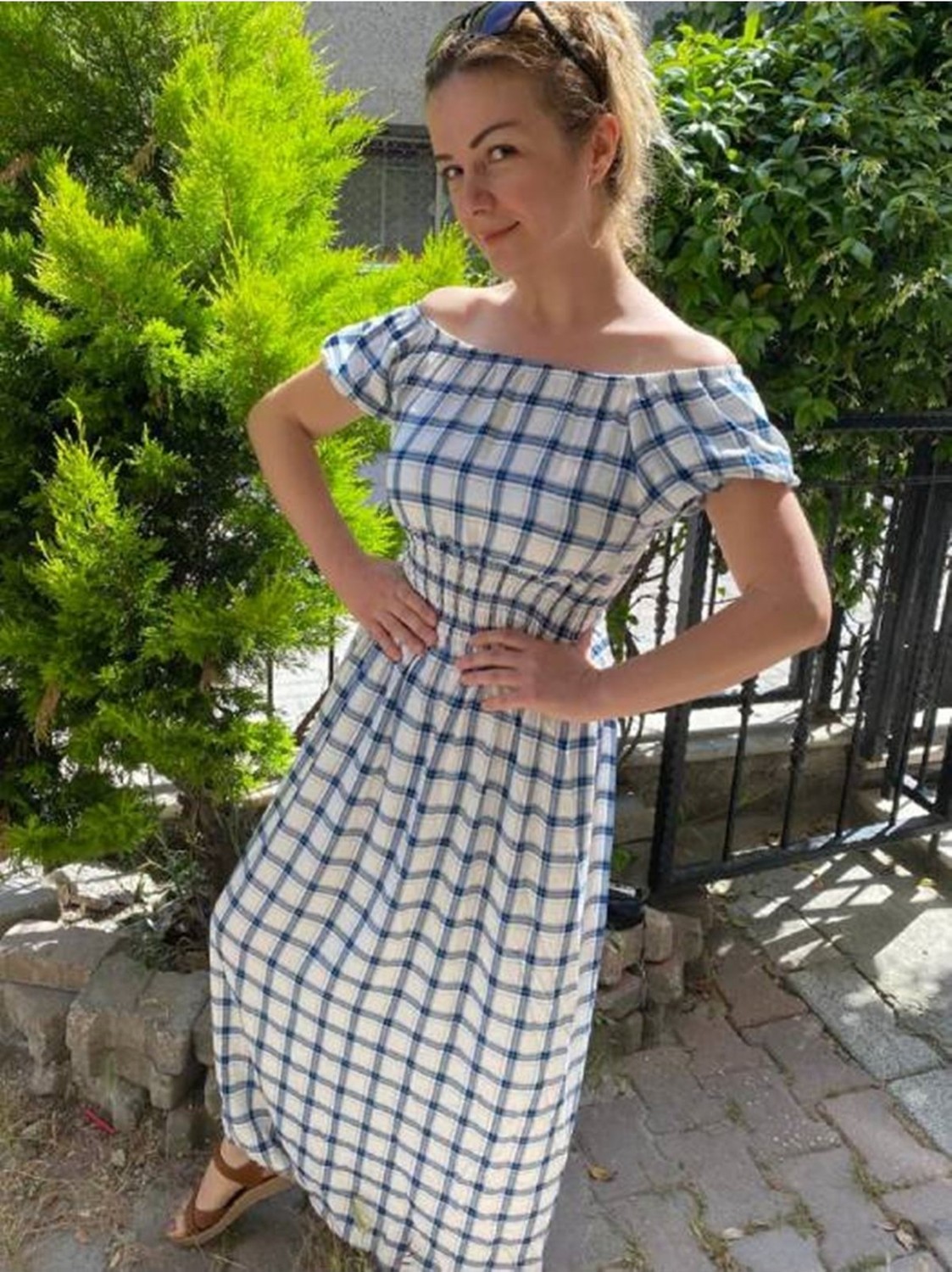 Modayız Kadın Madonna Yaka Gipeli Kırmızı Yazlık Uzun Elbise 12A-5072 görsel 2