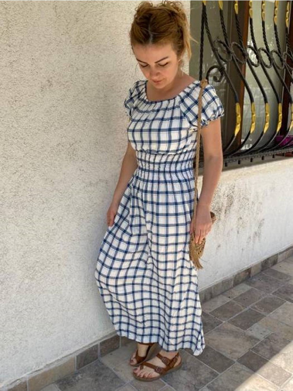Modayız Kadın Madonna Yaka Gipeli Kırmızı Yazlık Uzun Elbise 12A-5072 görsel 3