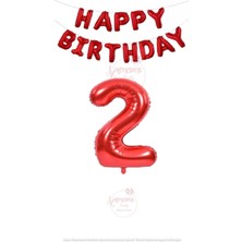 Rönesans Parti Kırmızı Renk Happy Bırthday ve Rakam Folyo Balon Seti Yaş 2