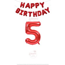 Rönesans Parti Kırmızı Renk Happy Bırthday ve Rakam Folyo Balon Seti Yaş 5