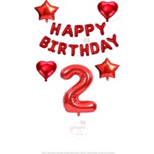 Rönesans Parti Kırmızı Renk Happy Bırthday Rakam ve Yıldız Kalp Folyo Balon Seti Yaş 2