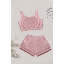Merry See Kolsuz Askılı Kadın Pijama Takımı Açık Pembe Tek Renk Peluş Polar Alt Üst