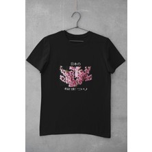 Blah Japon Kiraz Çiçeği Baskılı, Pamuklu Bisiklet Yaka Erkek Tişört