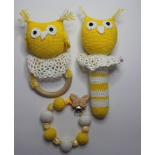 Ilgaz Shop Design Amigurumi Organik Sarı Baykuş Bebek Emzik Askısı Çıngırak ve Diş Kaşıyıcı Seti