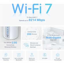 TP-Link Deco BE65(1-pack), BE9300 Mbps, 4 × 2.5 Gbps Portlar, 320 MHz Kanallar, 6 GHz Bandında Çalışır, 200 Cihaza Kadar Bağlanılabilirlik, VPN, WPA3, Üç Bantlı Wi-Fi 7 Mesh Sistemi