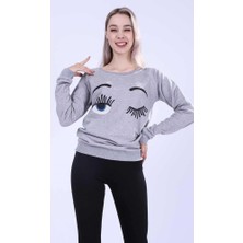 Wearon Kadın Açık Gri Göz Kırpma Efektli Kesim Sweatshirt