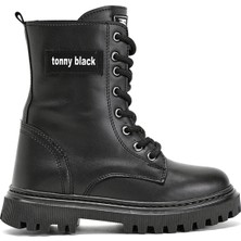 Tonny Black Kız Çocuk Siyah Cilt Termo Taban Önü Bağcıklı Uzun Bot