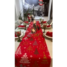 Decamor Home Yeni Yıl Temalı Kırmızı Ağaç Desenli Uzun Runner Yılbaşı Özel Masası