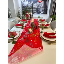 Decamor Home Yeni Yıl Temalı Kırmızı Ağaç Desenli Uzun Runner Yılbaşı Özel Masası