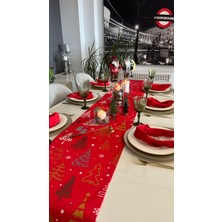 Decamor Home Yeni Yıl Temalı Kırmızı Ağaç Desenli Uzun Runner Yılbaşı Özel Masası