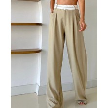 Leilaa Kemer Detaylı Bej Palazzo Pantolon Bej - Xl