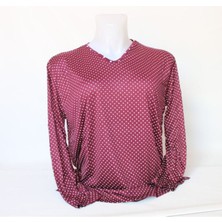 Yıldırım Kadın  V Yaka Puantiyeli Bordo Uzun Kol Penye Bluz