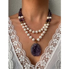 Hazeran Accessories Gerçek Incili Ham Ametist Doğal Taşlı Tasarım Kolye