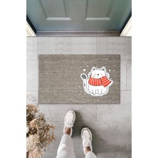 Dijital Baskı Kalitesi  Gri Kırmızı Atkılı Beyaz Kedi  Dekoratif Kapı  Paspası