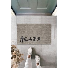 Dijital Baskı Kalitesi  Gri Kedilerle Bezenmiş Cats Yazılı  Dekoratif Kapı  Paspası