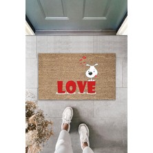 Dijital Baskı Kalitesi  Kahverengi Kırmızı Love Yazılı Beyaz Köpek  Dekoratif Kapı  Paspası