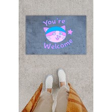 Dijital Baskı Dekoratif Welcome Kedili Antrasit Kapı Önü Paspası