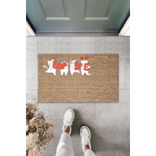 Dijital Baskı Kalitesi  Kahverengi Love Harflerini Tutan Beyaz Kediler  Dekoratif Kapı  Paspası