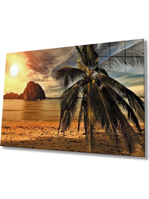 MiraLive  Gün Batımı Deniz Palmiye Manzara Cam Tablo