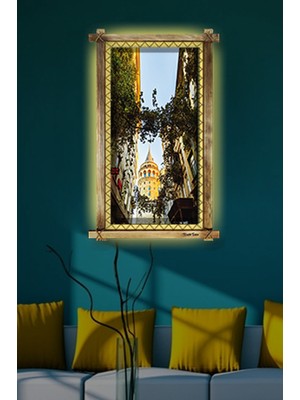 MiraLive Galata Kulesi LED Işıklı Rustik Kanvas Tablo O 96 x 56