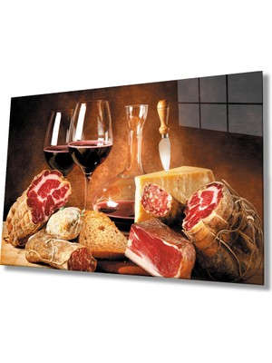  Isli Et Şarap Mutfak Natürmort Cam Tablo