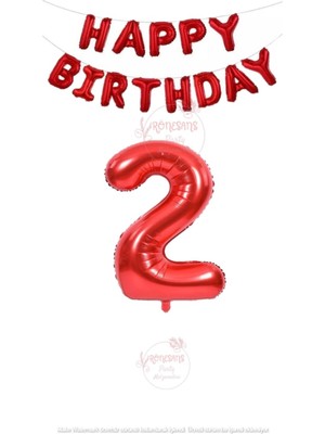 Rönesans Parti Kırmızı Renk Happy Bırthday ve Rakam Folyo Balon Seti Yaş 2