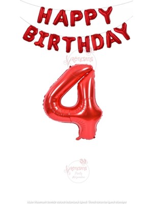 Rönesans Parti Kırmızı Renk Happy Bırthday ve Rakam Folyo Balon Seti Yaş 4