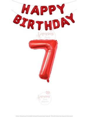 Rönesans Parti Kırmızı Renk Happy Bırthday ve Rakam Folyo Balon Seti Yaş 7