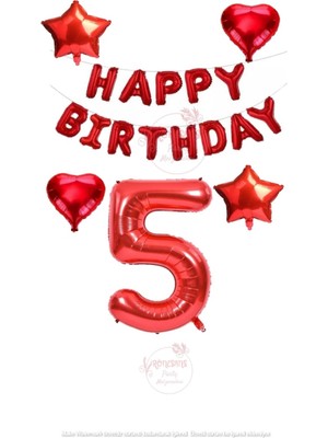 Rönesans Parti Kırmızı Renk Happy Bırthday Rakam ve Yıldız Kalp Folyo Balon Seti Yaş 5