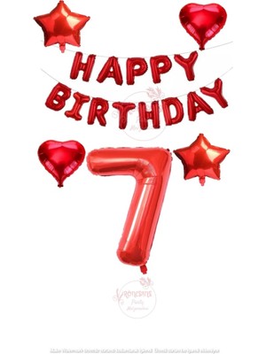 Rönesans Parti Kırmızı Renk Happy Bırthday Rakam ve Yıldız Kalp Folyo Balon Seti Yaş 7