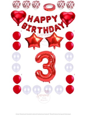 Rönesans Parti Kırmızı Happy Bırthday Rakam Yıldız Kalp Folyo Balon ve Konfetili Balon Seti Seti Yaş 3