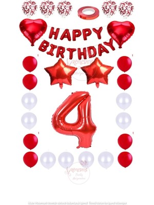 Rönesans Parti Kırmızı Happy Bırthday Rakam Yıldız Kalp Folyo Balon ve Konfetili Balon Seti Seti Yaş 4