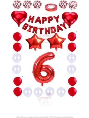Rönesans Parti Kırmızı Happy Bırthday Rakam Yıldız Kalp Folyo Balon ve Konfetili Balon Seti Seti Yaş 6