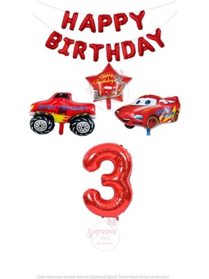 Rönesans Parti Kırmızı Renk Happy Bırthday Rakam Araba ve Jeep Folyo Balon Seti Yaş 3