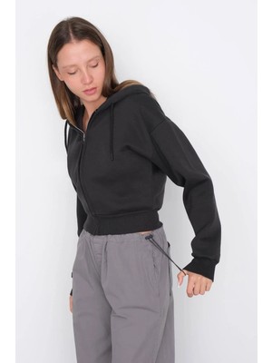 Ömba Spor Kadın Siyah Kapüşonlu Uzun Kol Fermuarlı 3 Iplik Şardonlu Crop Mixed Sweat