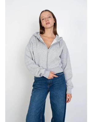 Ömba Spor Kadın Gri  Kapüşonlu Uzun Kol Fermuarlı 3 Iplik Şardonlu Crop Mixed Sweat
