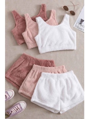 Merry See 3 Lü Set Kolsuz Askılı Peluş Polar Alt Üst Şortlu Pijama Takımı