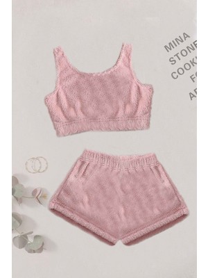 Merry See Tek Renk 1 Takım Kolsuz Askılı Peluş Polar Alt Üst Şortlu Pijama Takımı