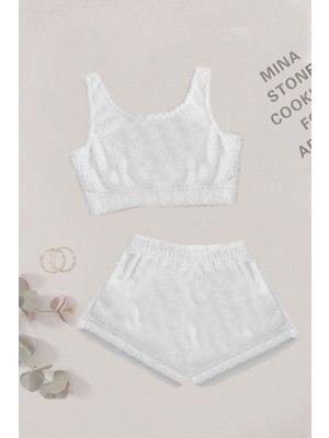 Merry See Tek Renk 1 Takım Kolsuz Askılı Peluş Polar Alt Üst Şortlu Pijama Takımı