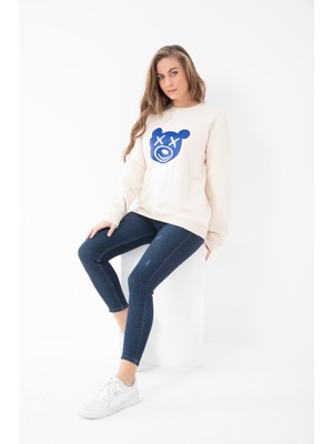 Cozyness Kadın Bej Renk Baskılı Kapşonsuz Sweatshirt