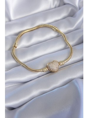 Sepetin Burada 316L Çelik Gold Renk Zirkon Taşlı Kalp Model Kadın Charm Bileklik