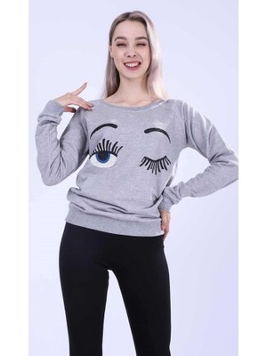 Wearon Kadın Açık Gri Göz Kırpma Efektli Kesim Sweatshirt