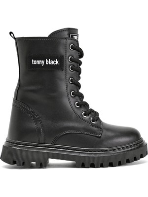 Tonny Black Kız Çocuk Siyah Cilt Termo Taban Önü Bağcıklı Uzun Bot