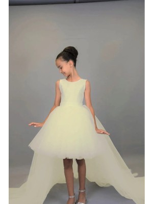 Nsm Life Kız Çocuk Ön Kısa Arka Uzun Kuyruk Detaylı Ekru Elbise