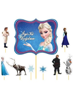 Atölye7 Tasarım 9 Adet Elsa ve Arkadaşları Frozen Karlar Ülkesi Kürdanlı Cupcake Pasta Süsü Süsleme Kalın Kağıt