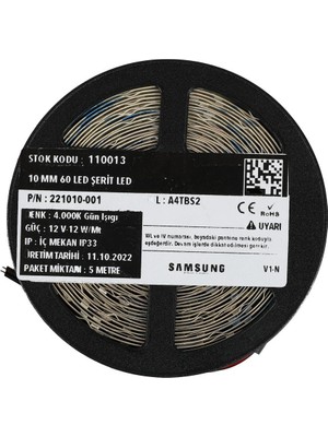 5 Metre Şerit Led Samsung Çipli İç Mekan IP20 12 V 12 W 4.000K Gün Işığı